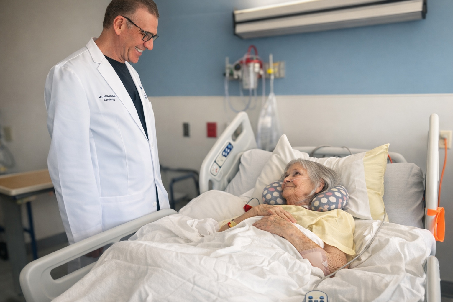 Dr. Ayman Alshami checks on the patient with the hospital's first leadless pacemaker
